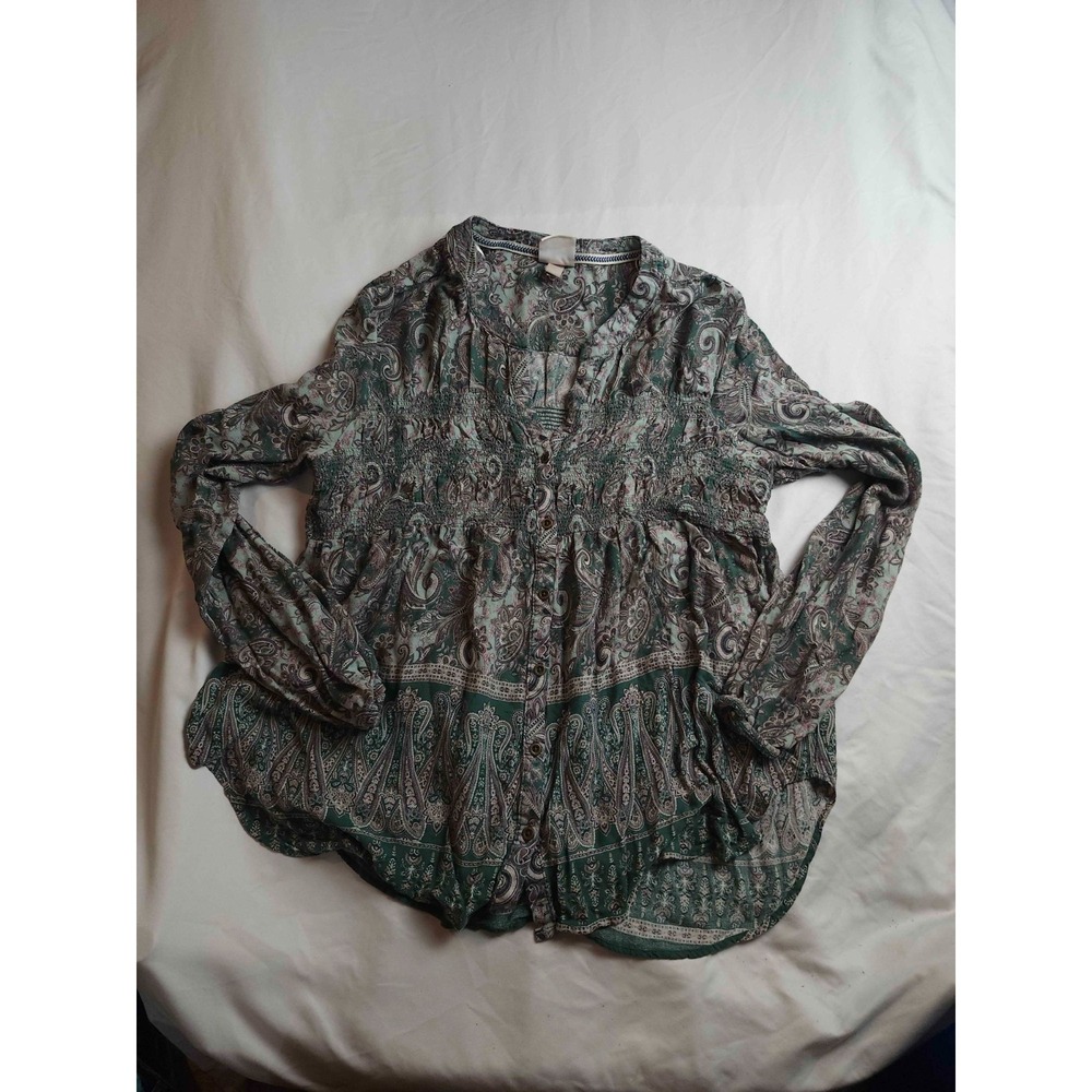 Knox Rose Peasant Blouse Womens‎ Size XXL Green Woven Paisley Smock Boho Casual
